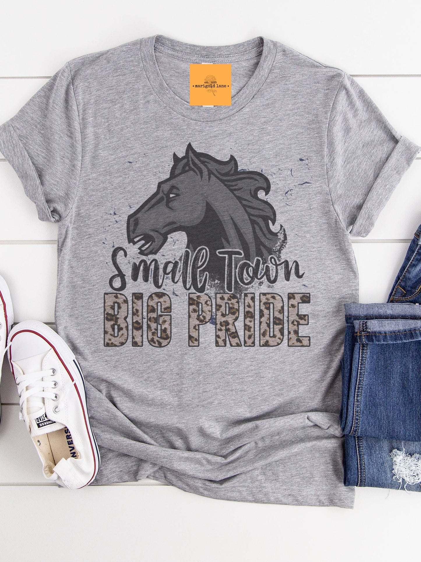 Small town big Pride Mustangs mascot, football tshirt, football mom tshirt, cute game day tshirt, mascot tshirt heather gray tshirt