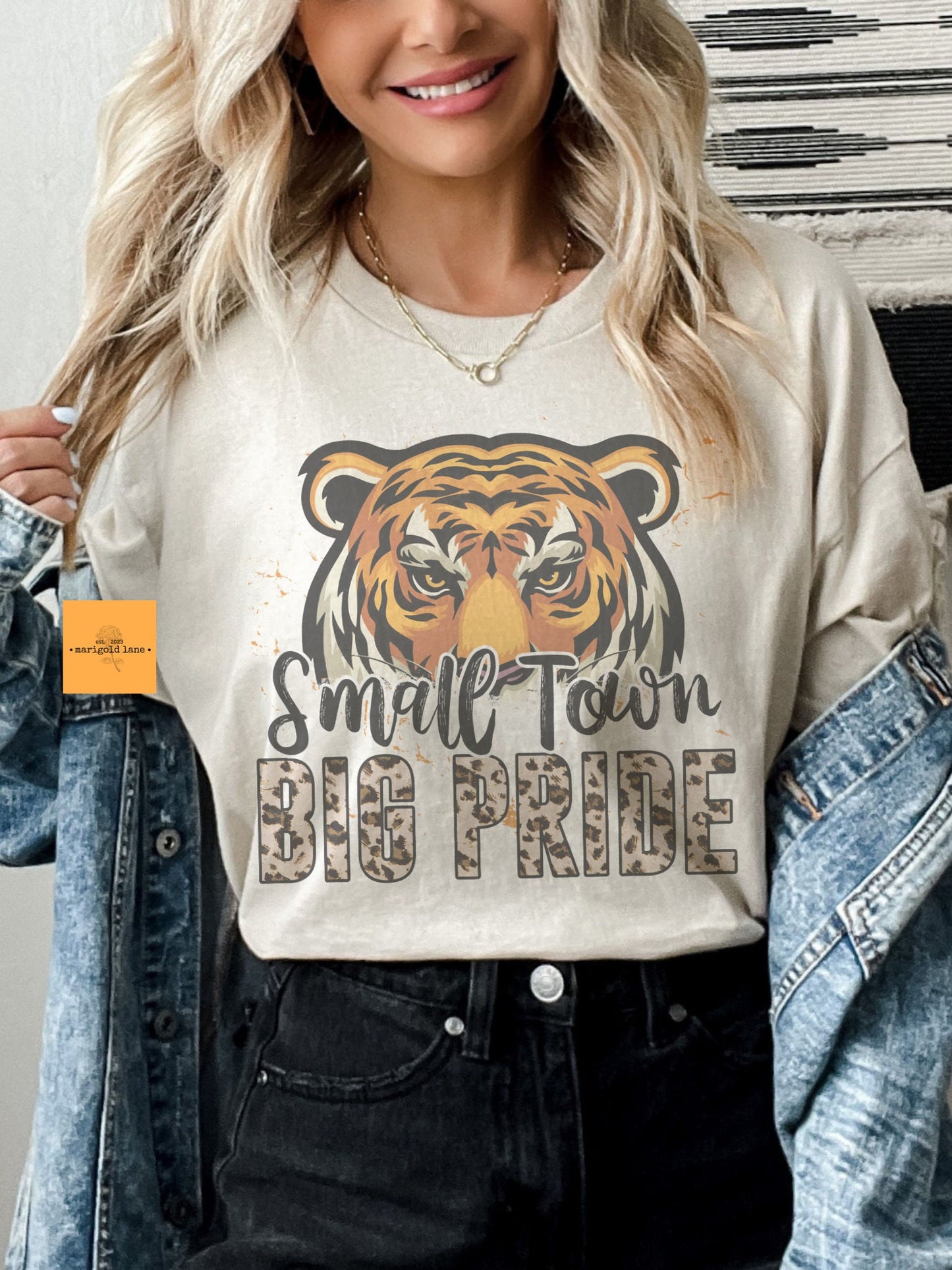 Small town big Pride Tigers mascot, football tshirt, football mom tshirt, cute game day tshirt, mascot tshirt sand colored tshirt
