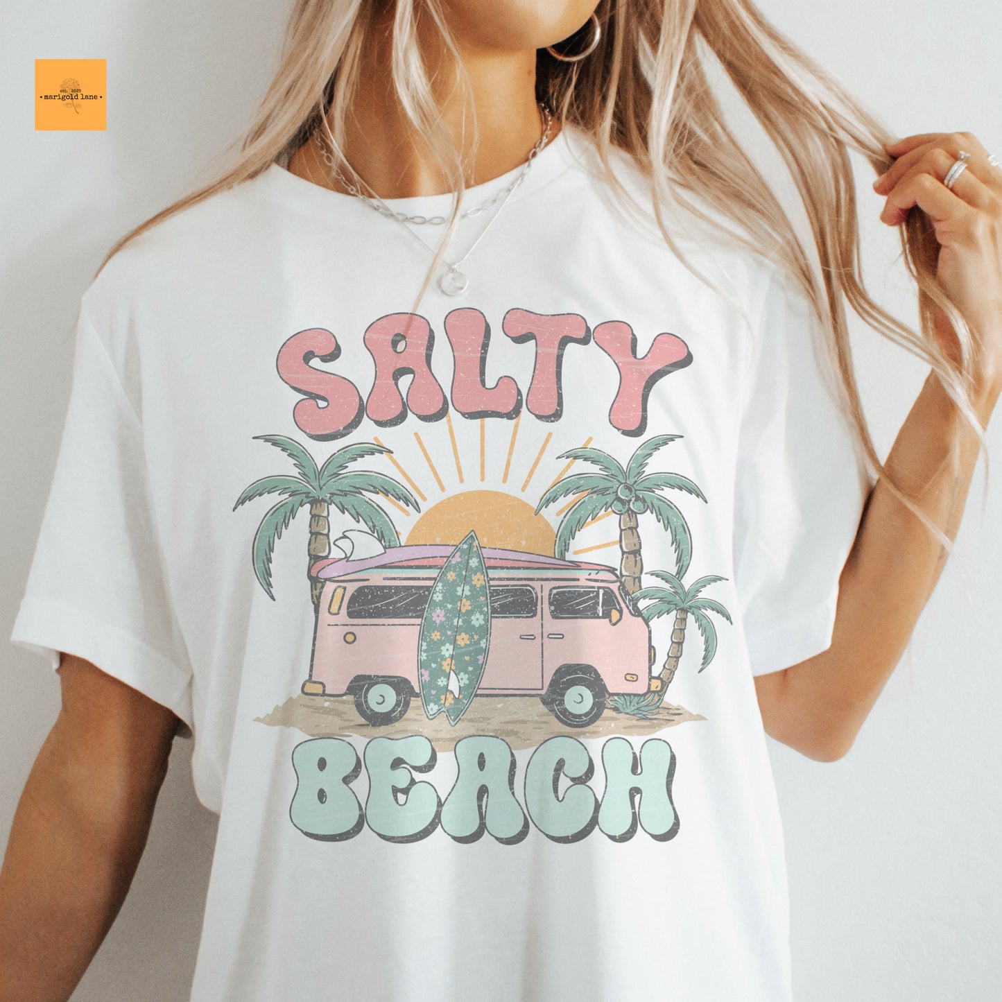 Salty Beach retro beach girl aesthetic tshirt, mama checkered tshirt multiple color options, summer Vacation t-shirts, cute mom tshirt.