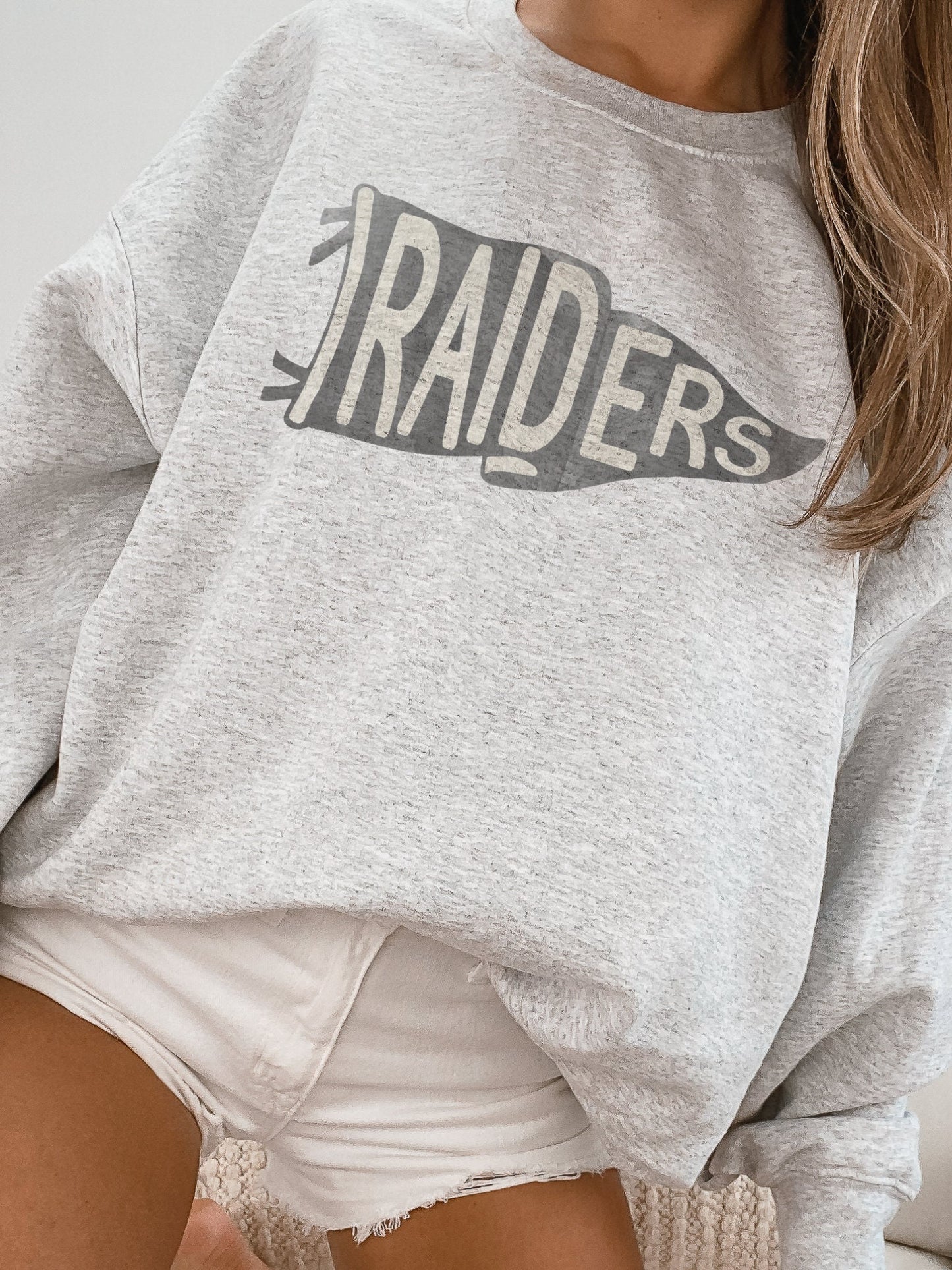 Raiders pennant mascot, Varsity Mascot game day football, football mom crewneck, cute game day sweatshirt, Heather ash unisex sweatshirt