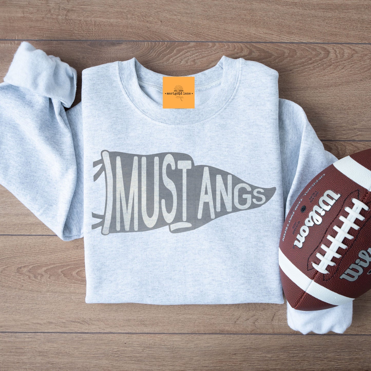 Mustangs pennant mascot, Varsity game day football, football mom crewneck, cute game day sweatshirt, Heather ash unisex sweatshirt