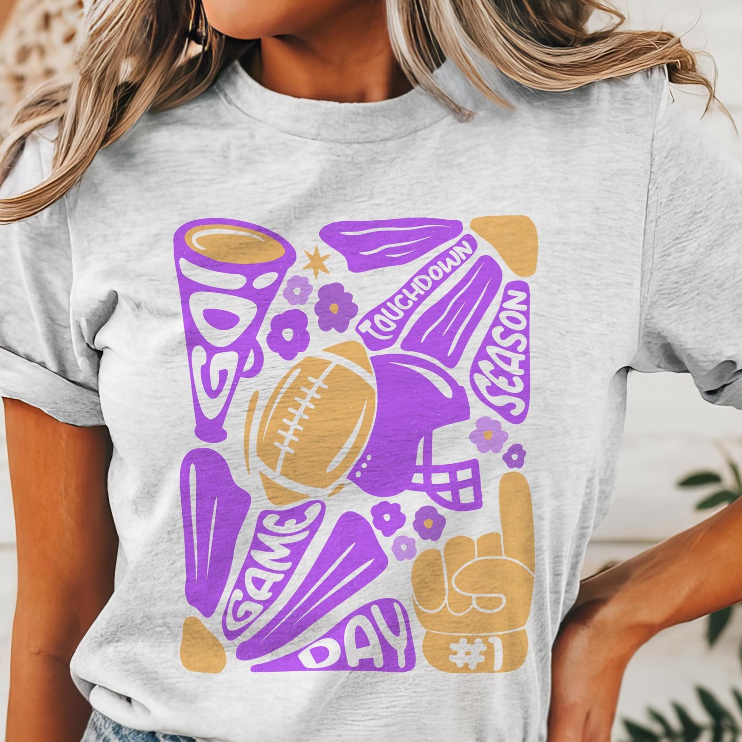 Preppy Football tshirt, retro purple and gold football tshirt, football mom tshirt, coquette game day tshirt, mascot tshirt, unisex tshirt