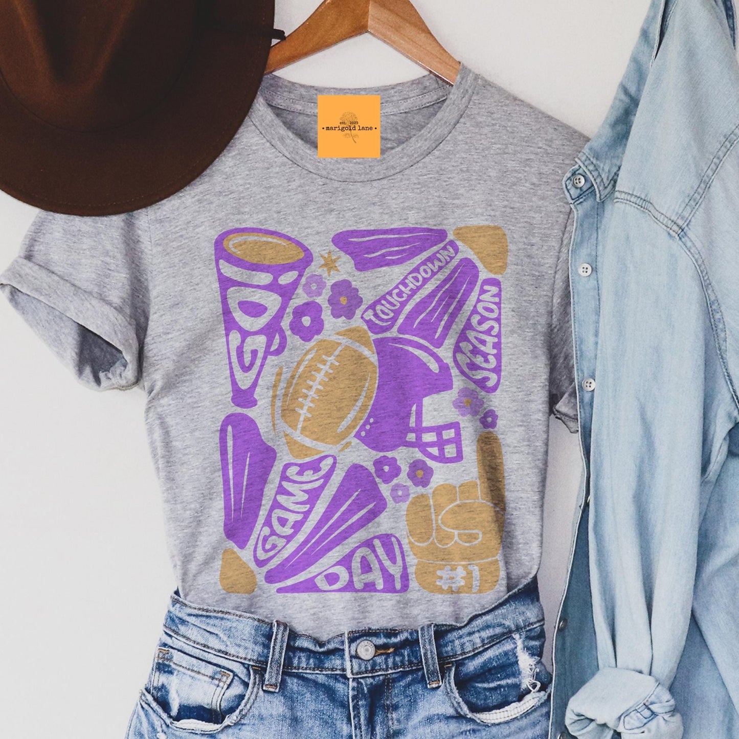 Preppy Football tshirt, retro purple and gold football tshirt, football mom tshirt, coquette game day tshirt, mascot tshirt, unisex tshirt