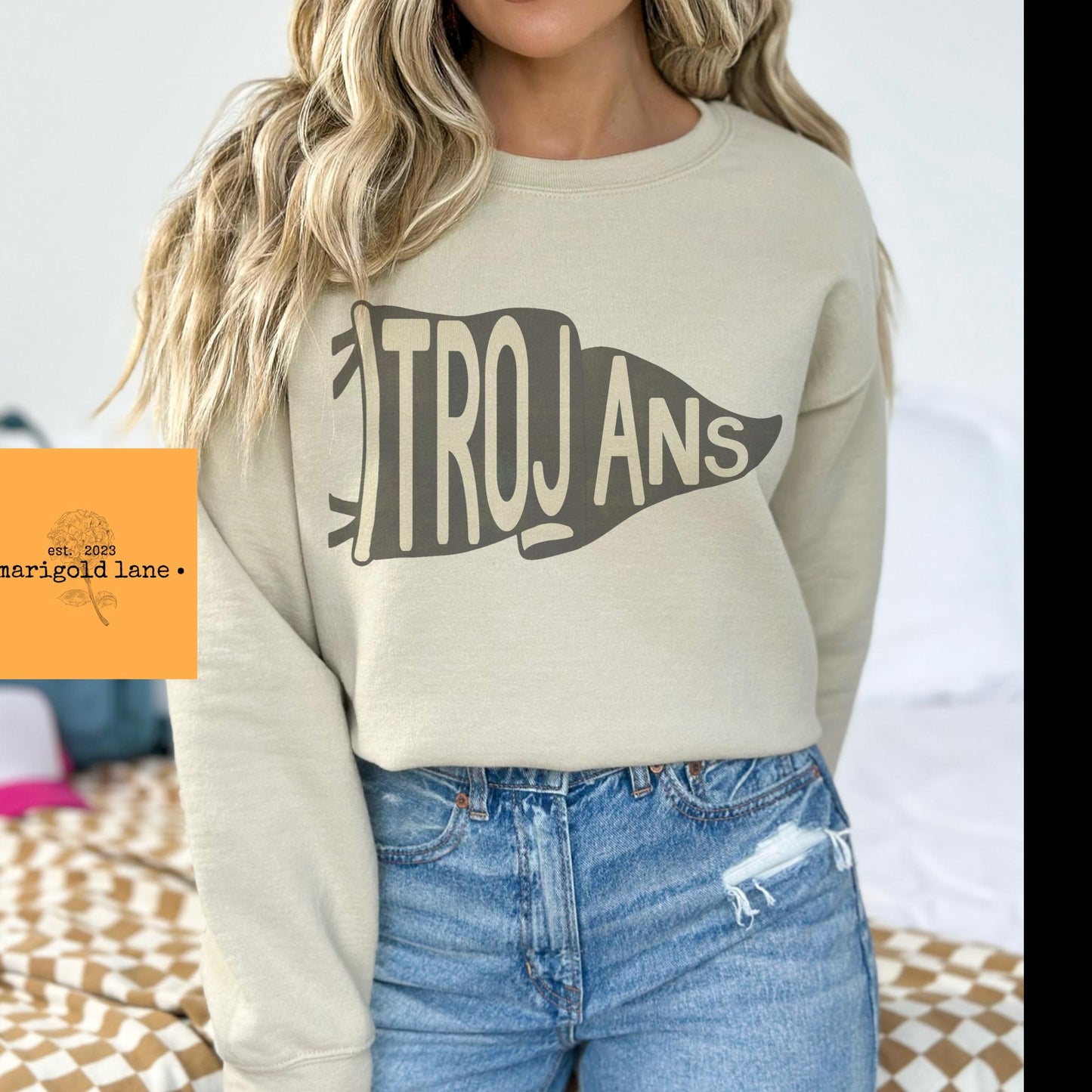 Trojans pennant mascot, Varsity Trojans game day football, football mom crewneck, cute game day sweatshirt, unisex sweatshirt