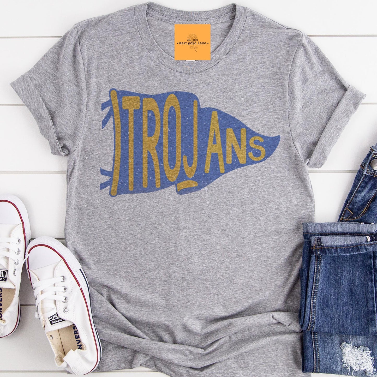 Trojans blue & gold pennant mascot, Trojans Mascot game day football tshirt, football mom tshirt, cute game day tshirt, mascot unisex tshirt