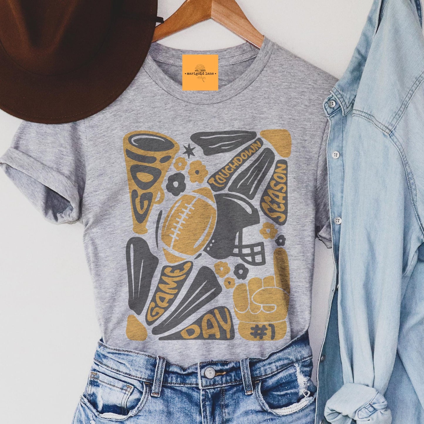 Preppy Football tshirt, retro black and gold football tshirt, football mom tshirt, coquette game day tshirt, mascot tshirt, unisex tshirt
