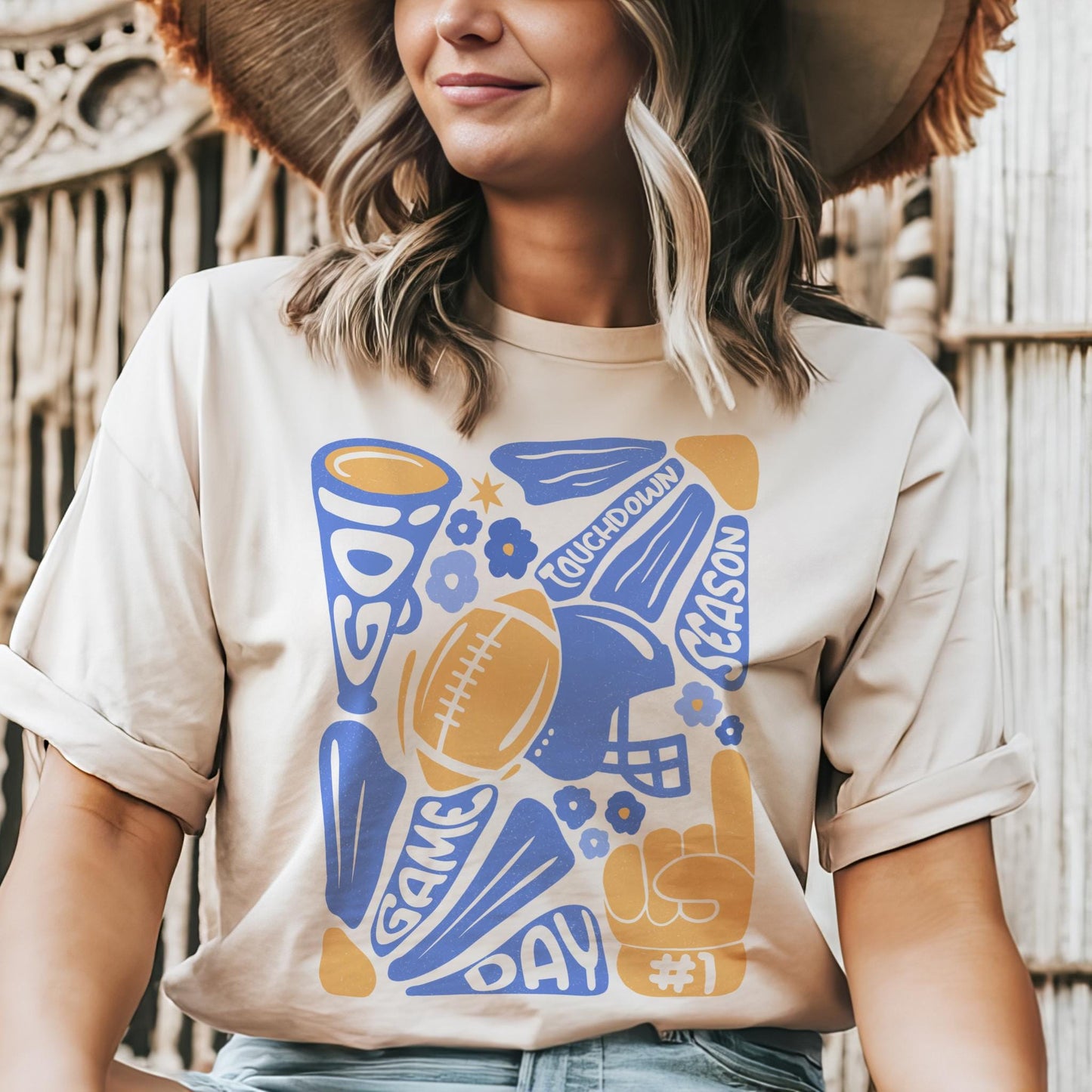 Preppy Football tshirt, retro blue and gold football tshirt, football mom tshirt, coquette game day tshirt, mascot tshirt, unisex tshirt