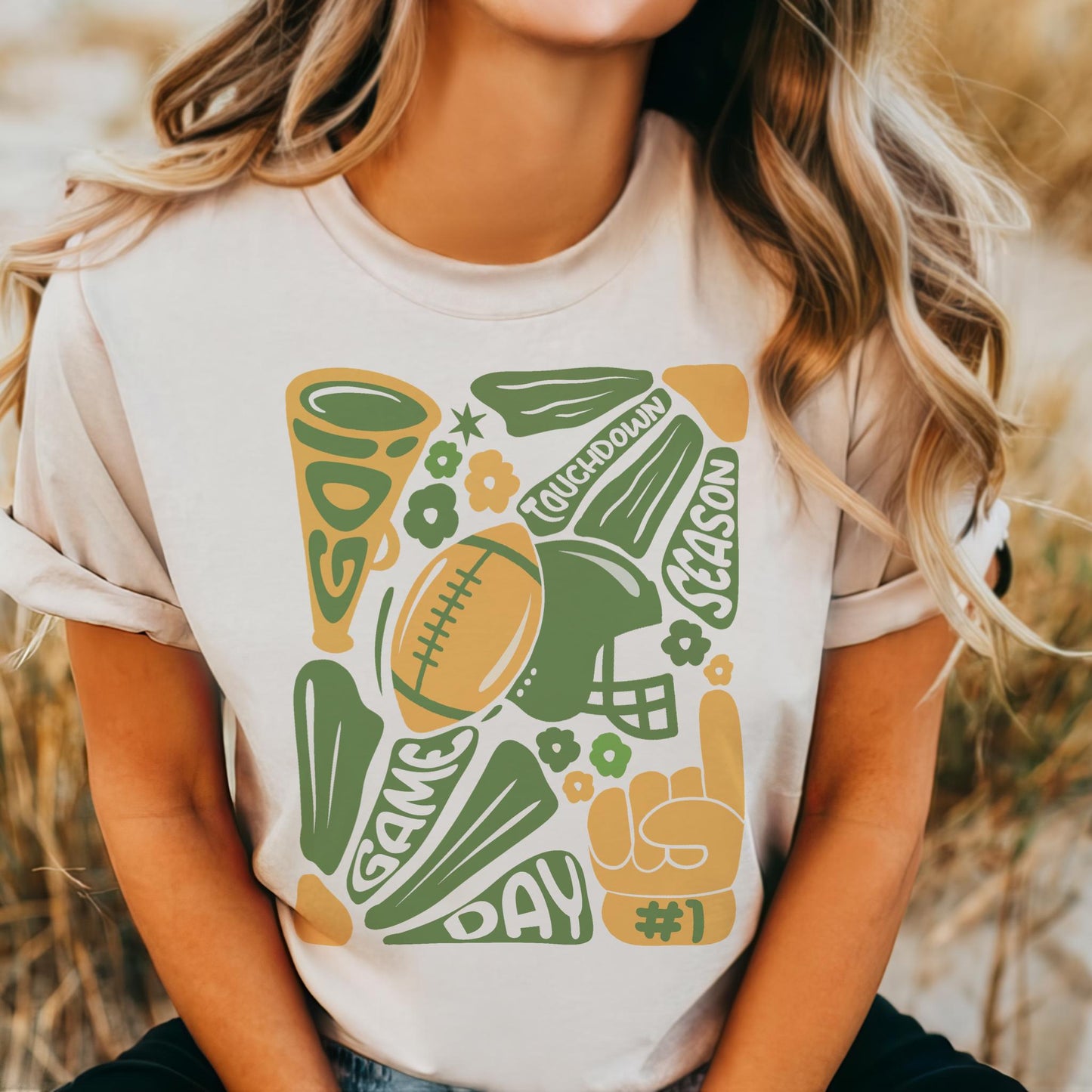 Preppy Football tshirt, retro green and gold football tshirt, football mom tshirt, coquette game day tshirt, mascot tshirt, unisex tshirt