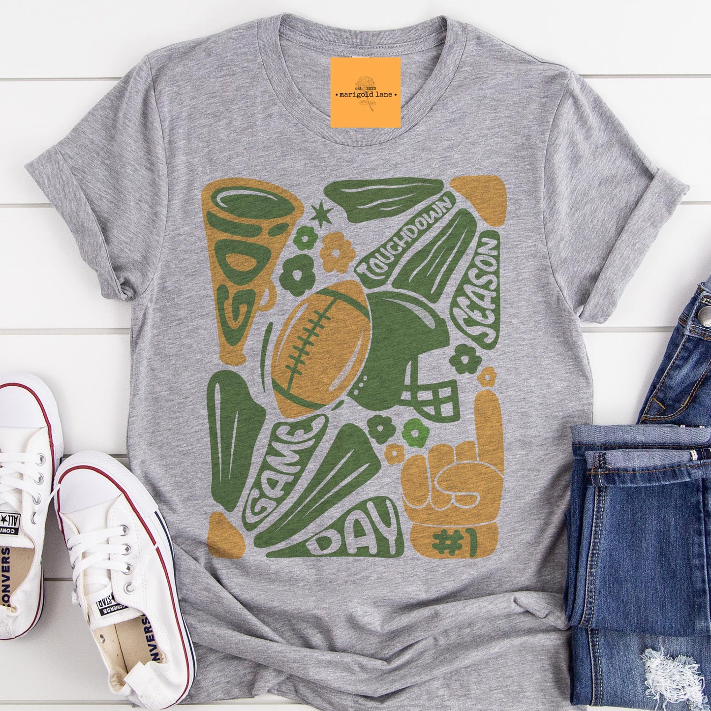Preppy Football tshirt, retro green and gold football tshirt, football mom tshirt, coquette game day tshirt, mascot tshirt, unisex tshirt