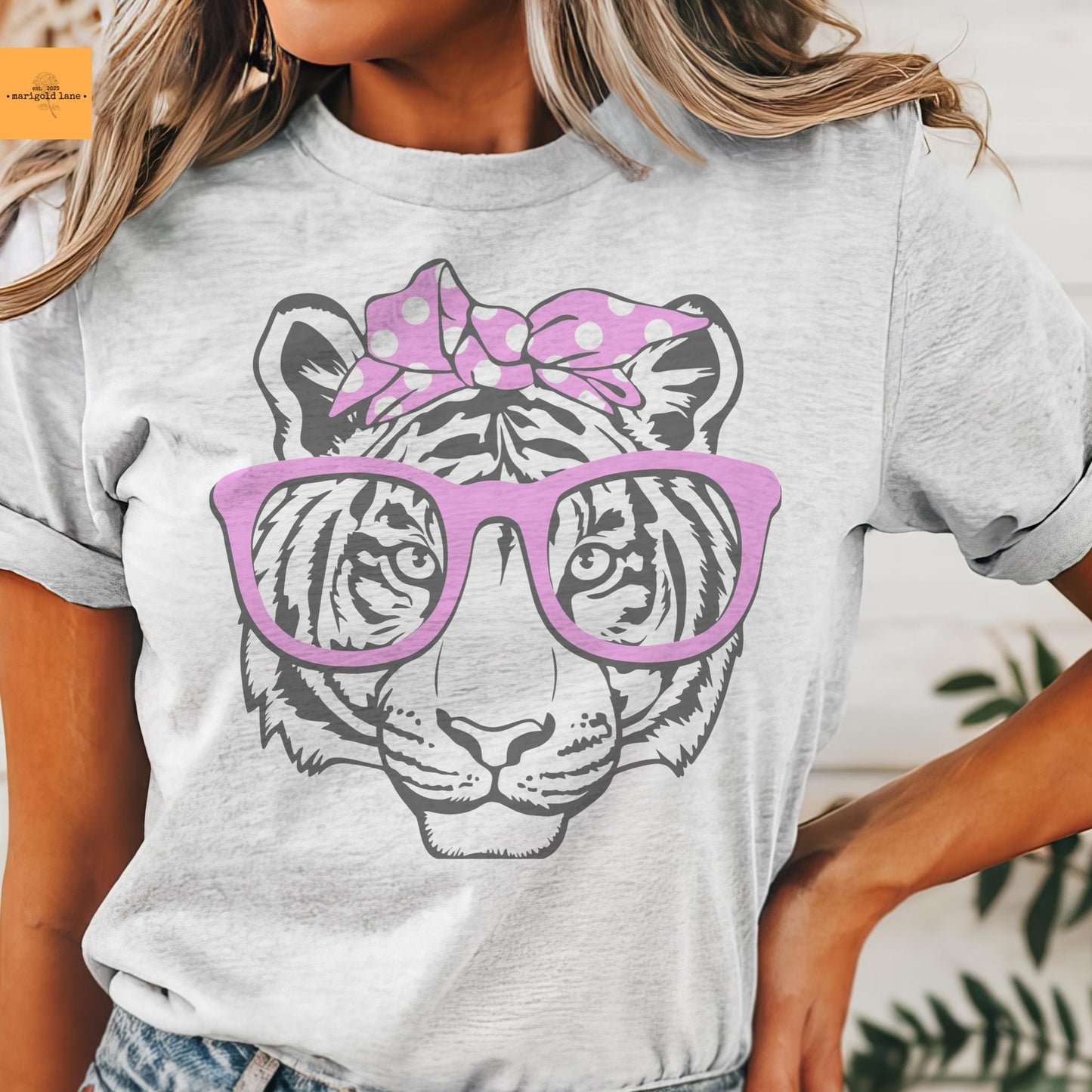 Tigers pink bow and glasses game day mascot, football tshirt, football mom tshirt, cute game day tshirt, mascot tshirt heather ash tshirt
