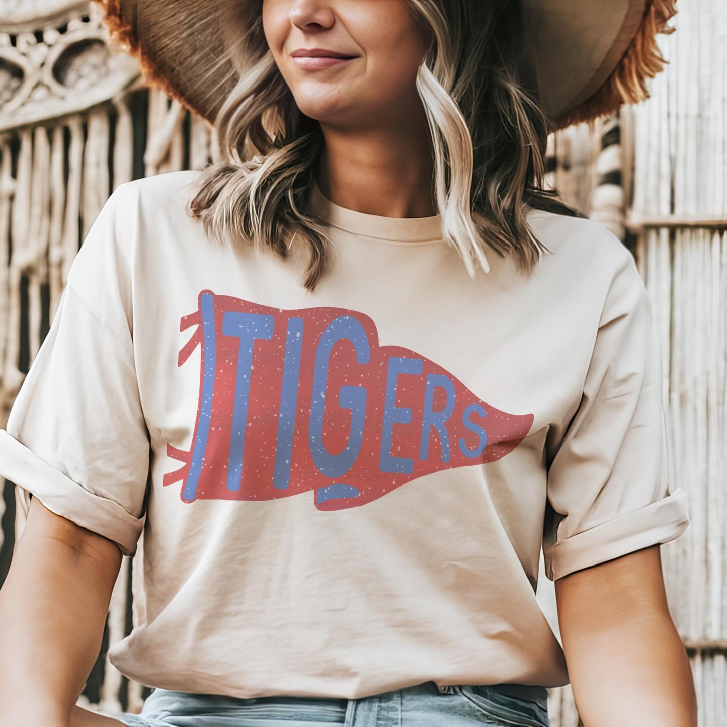 Tigers red and blue pennant mascot, Tigers game day football tshirt, football mom tshirt, cute game day tshirt, mascot unisex tshirt