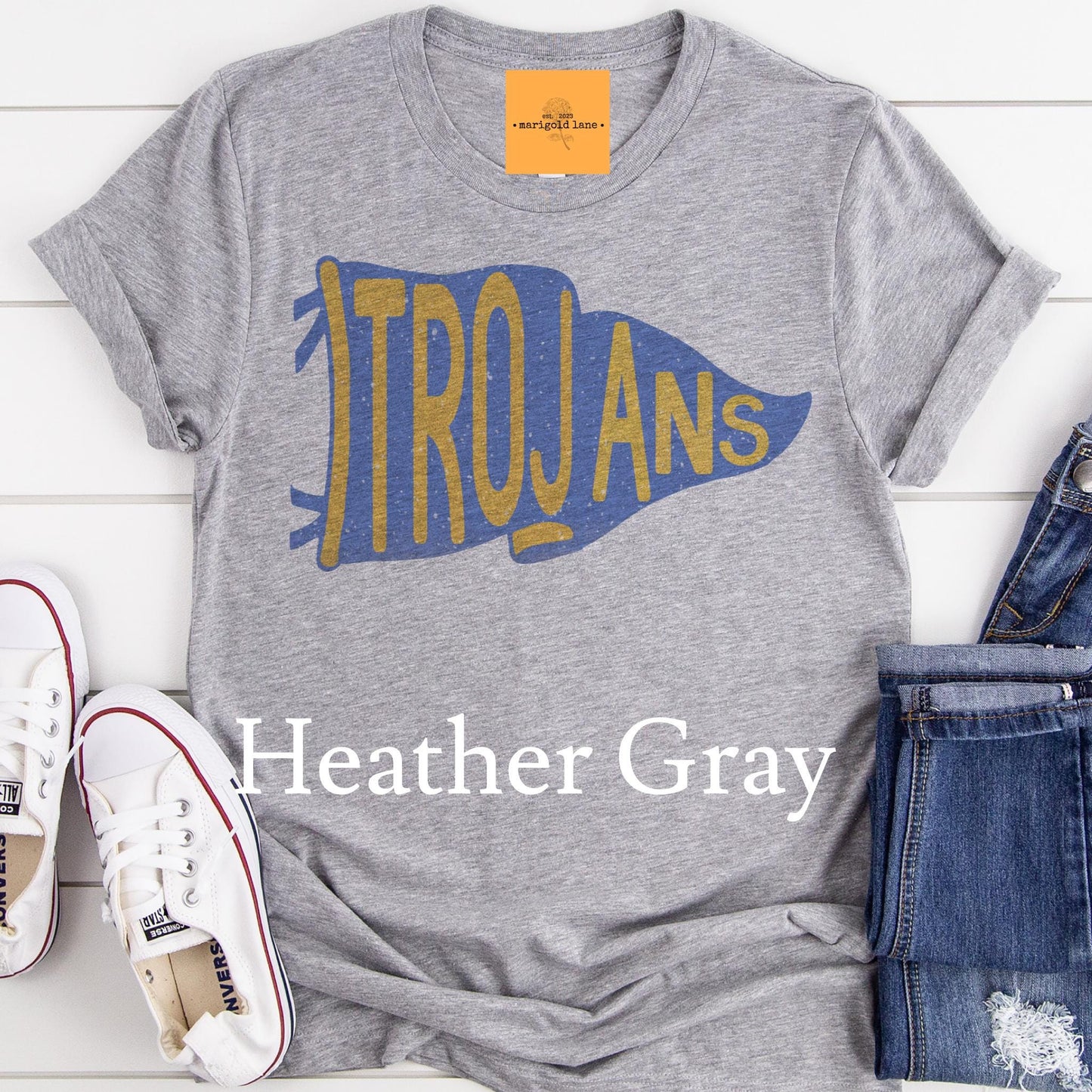 Trojans blue & gold pennant mascot, Trojans Mascot game day football tshirt, football mom tshirt, cute game day tshirt, mascot unisex tshirt