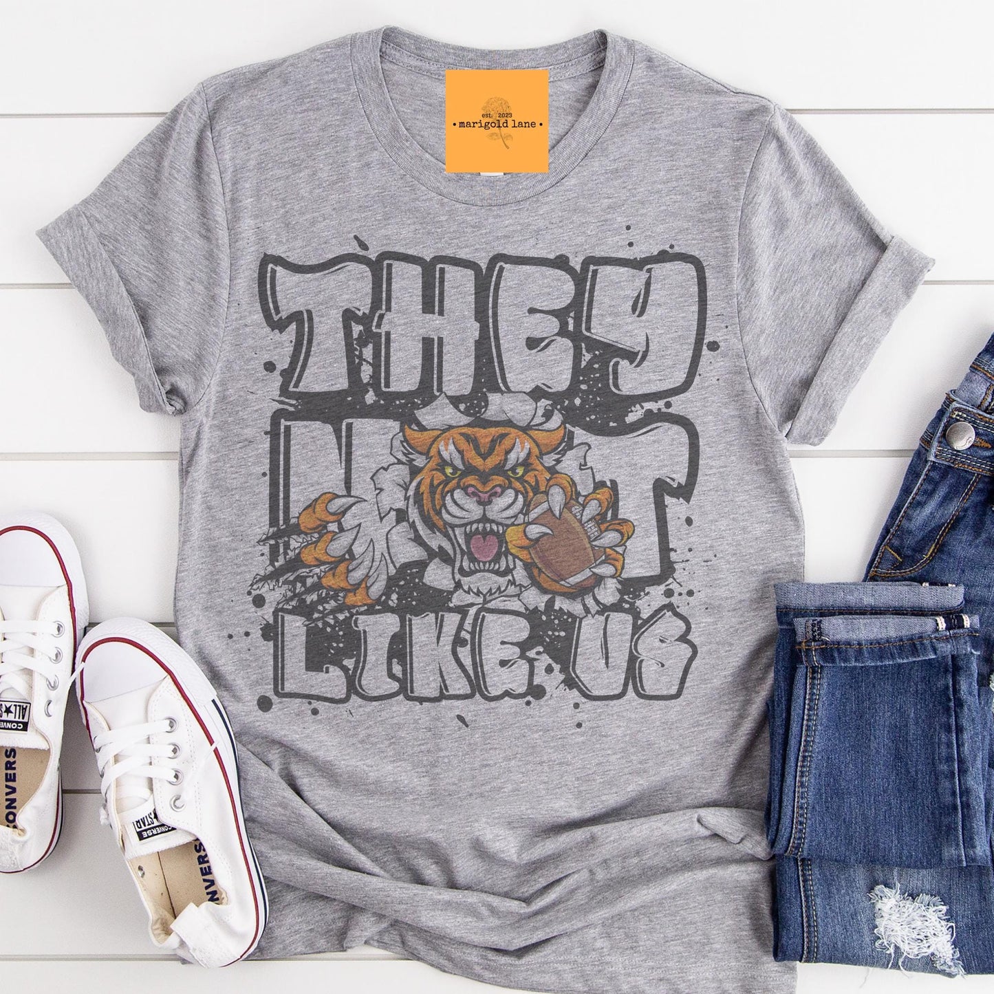 Tigers they not like us game day mascot, football tshirt, football mom tshirt, cute game day tshirt, mascot tshirt, unisex cut tshirt