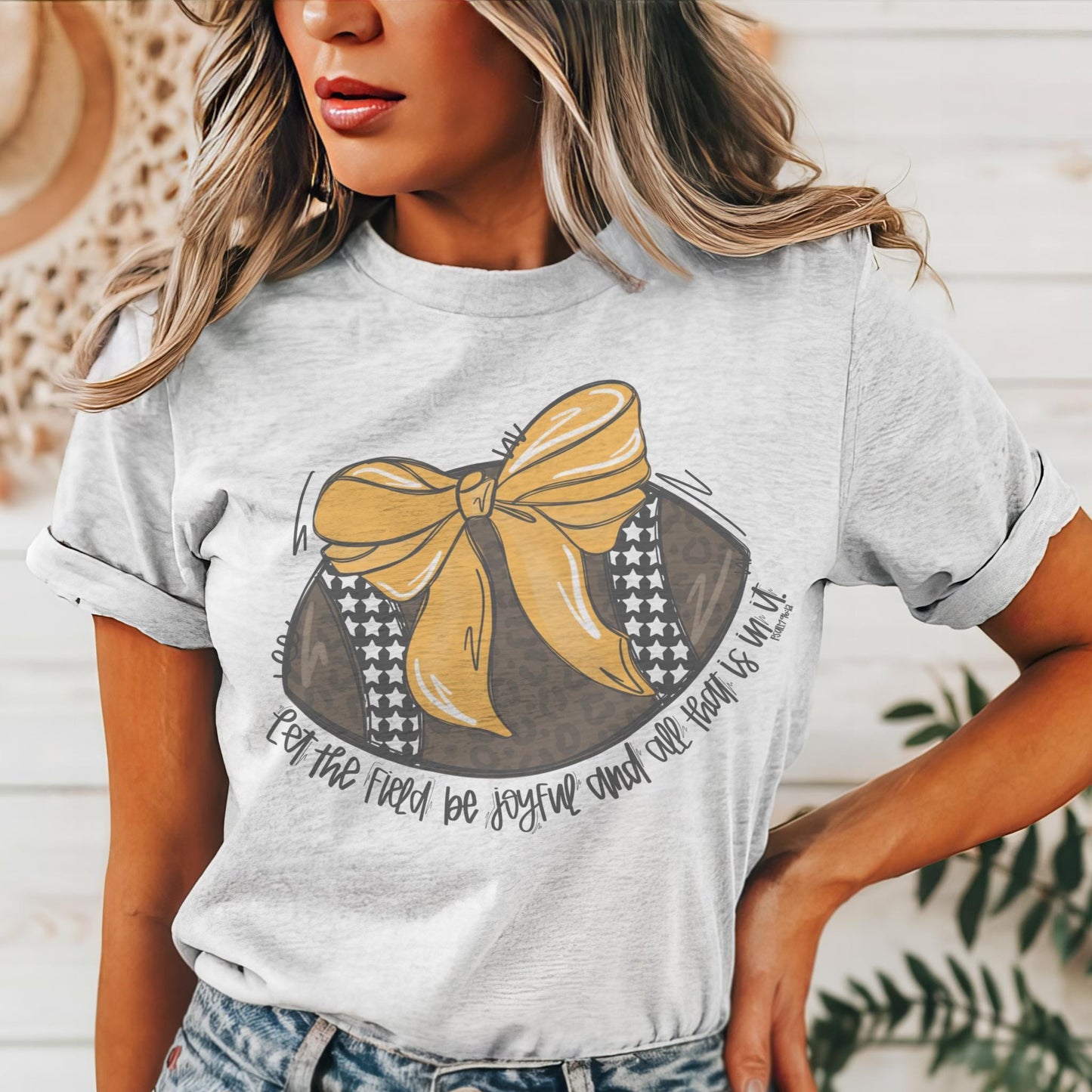 Gold coquette bow football mascot, football tshirt, football mom tshirt, cute christian football tshirt, mascot tshirt, unisex cut tshirt