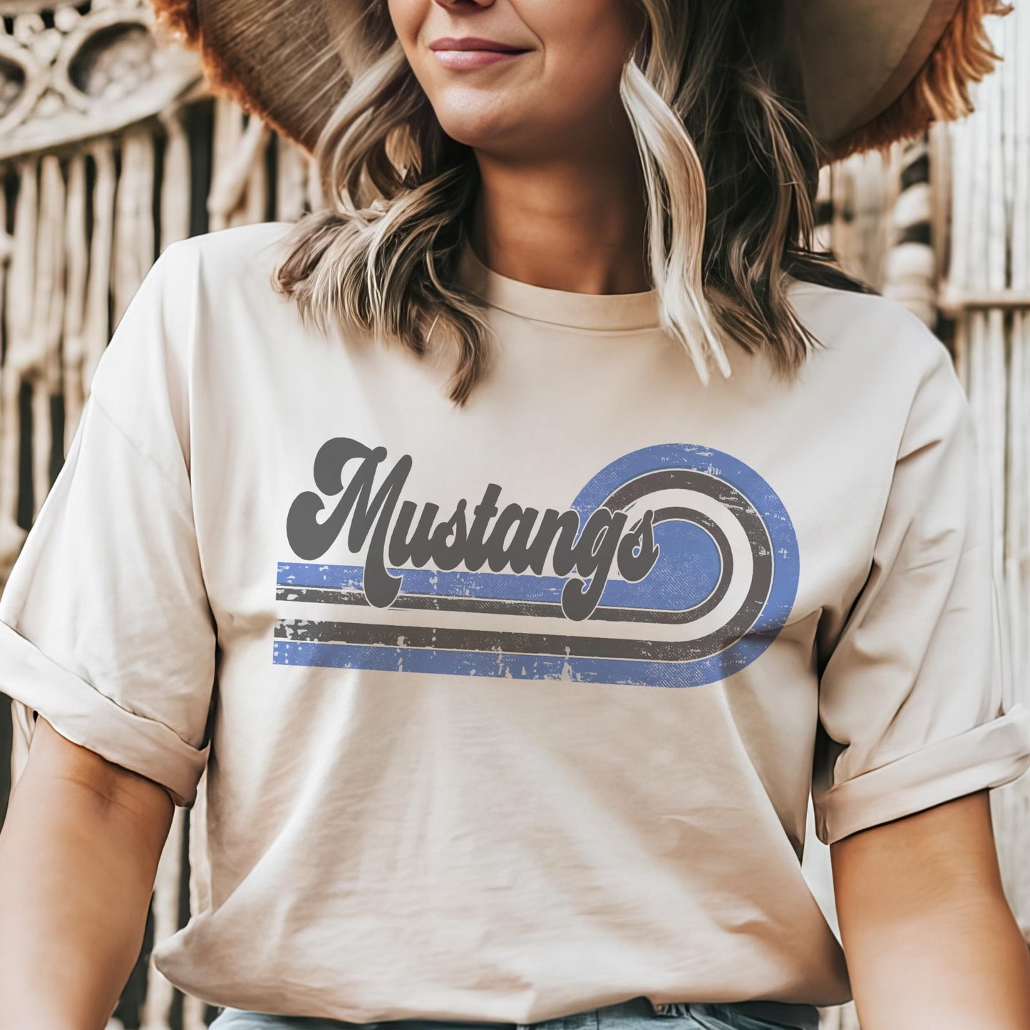 Retro Mustangs blue & black mascot, mustangs game day football tshirt, football mom tshirt, cute game day tshirt, mascot unisex tshirt