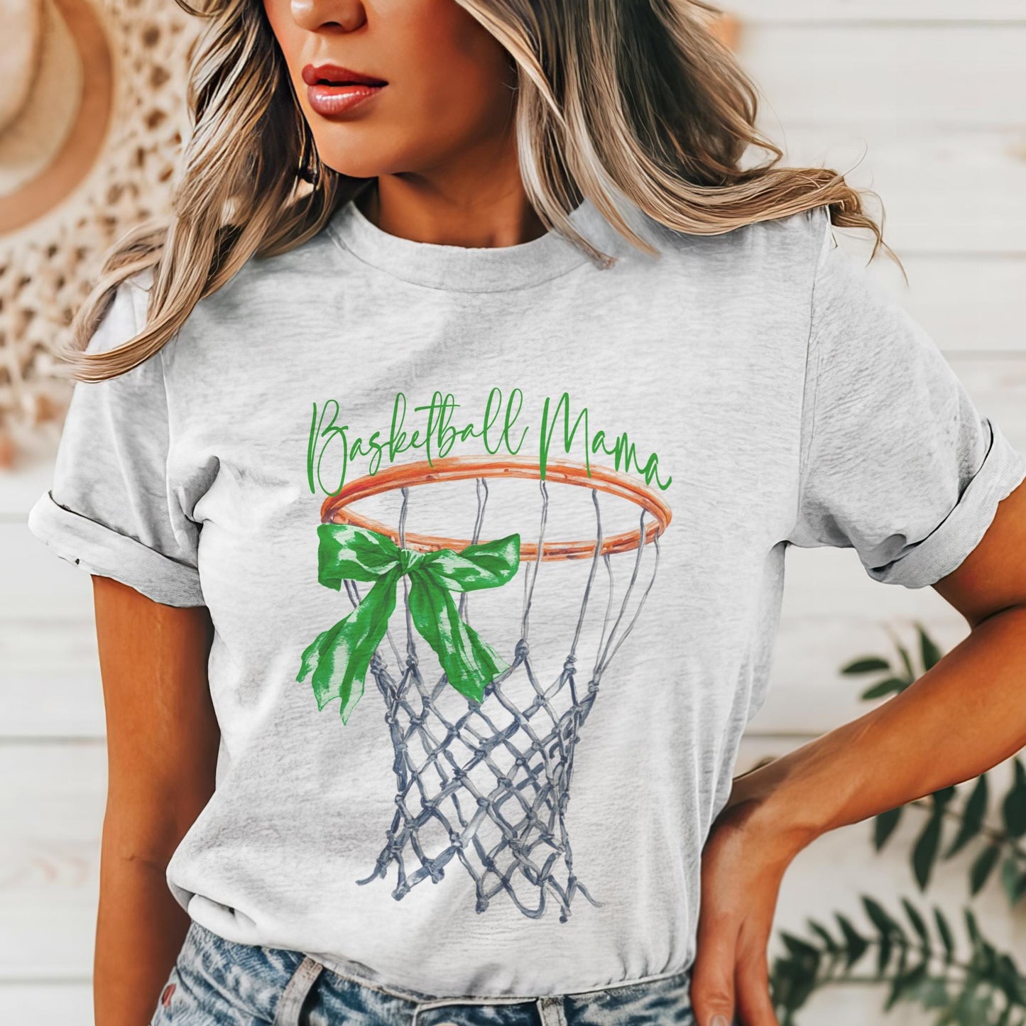 Green Bow Basketball Mama mascot tshirt, basketball tshirt, basketball mom tshirt, cute game day tshirt, mascot tshirt heather ash tshirt