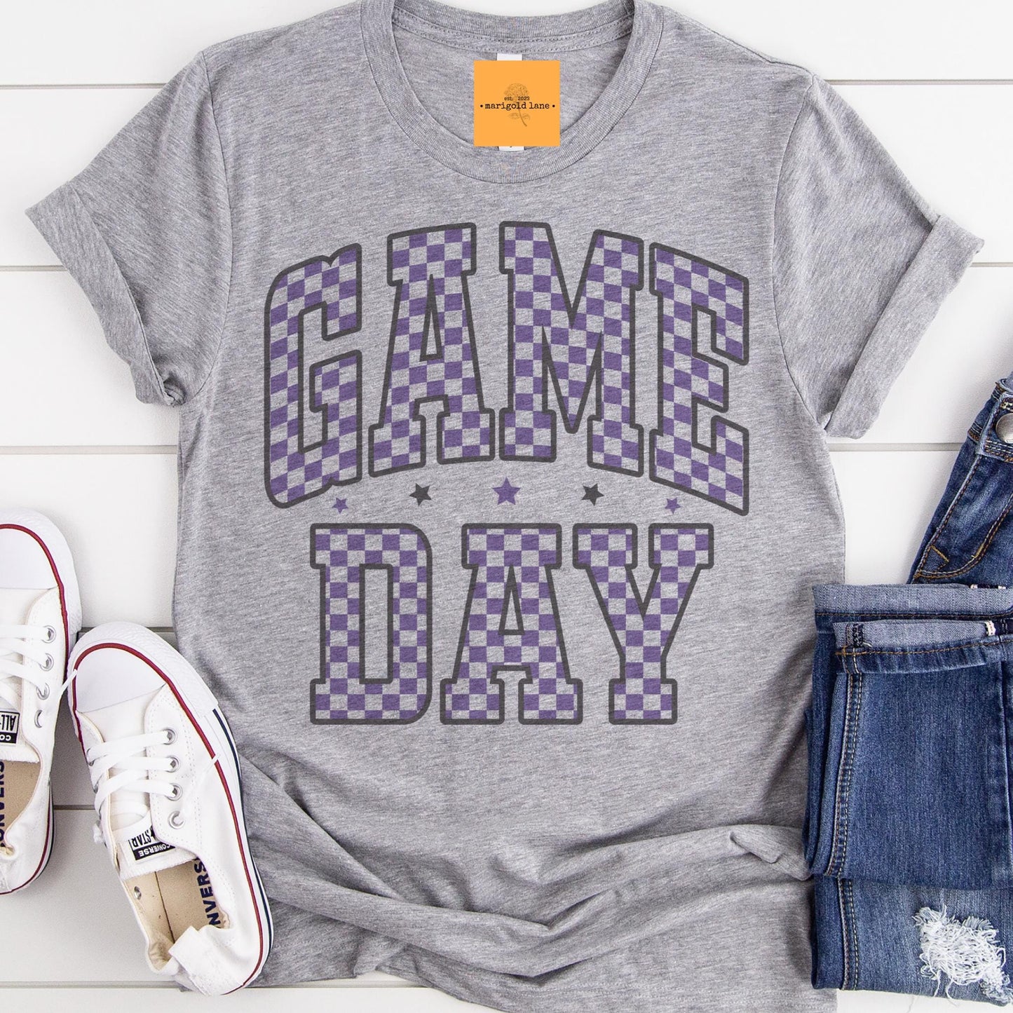 Purple Game Day, Retro gameday tshirt, Game Day mom tshirt, cute game day tshirt, cute Game Day tshirt, checkered game day shirt