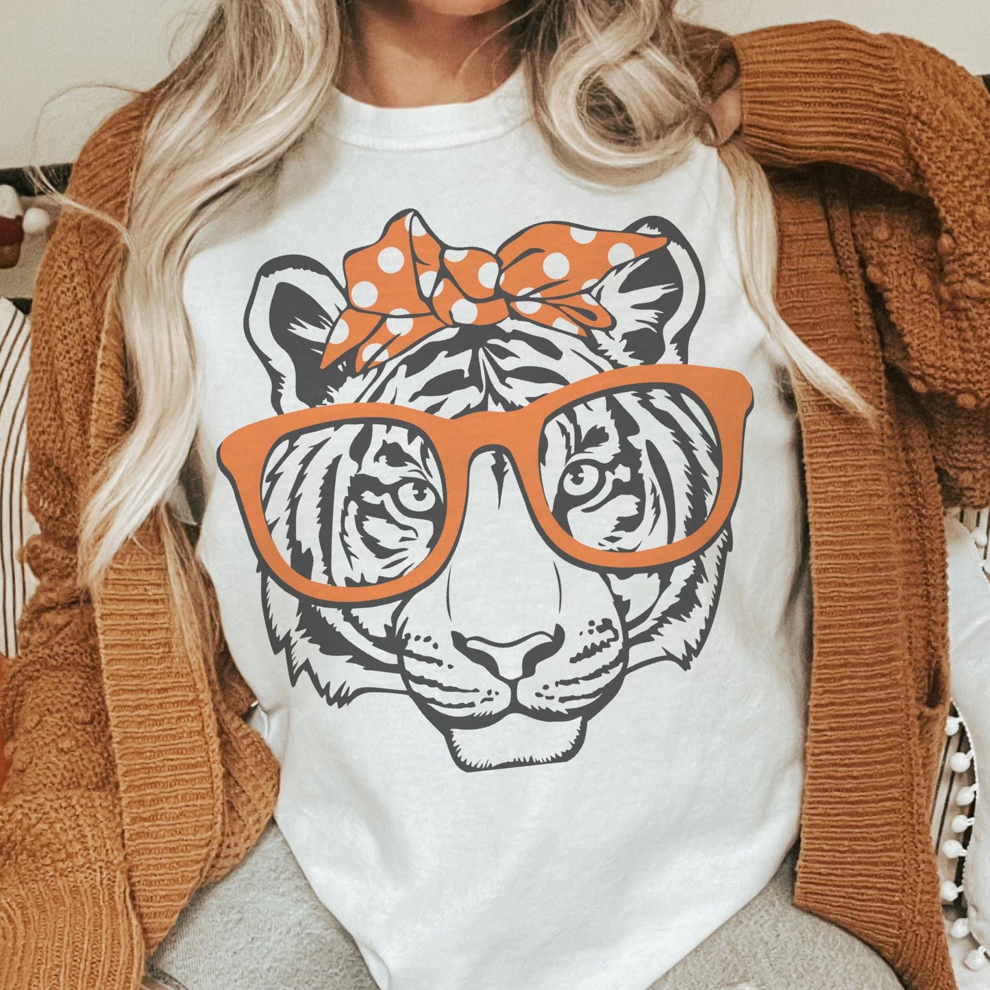 Tigers orange bow and glasses game day mascot, football tshirt, football mom tshirt, cute game day tshirt, mascot tshirt, unisex cut tshirt