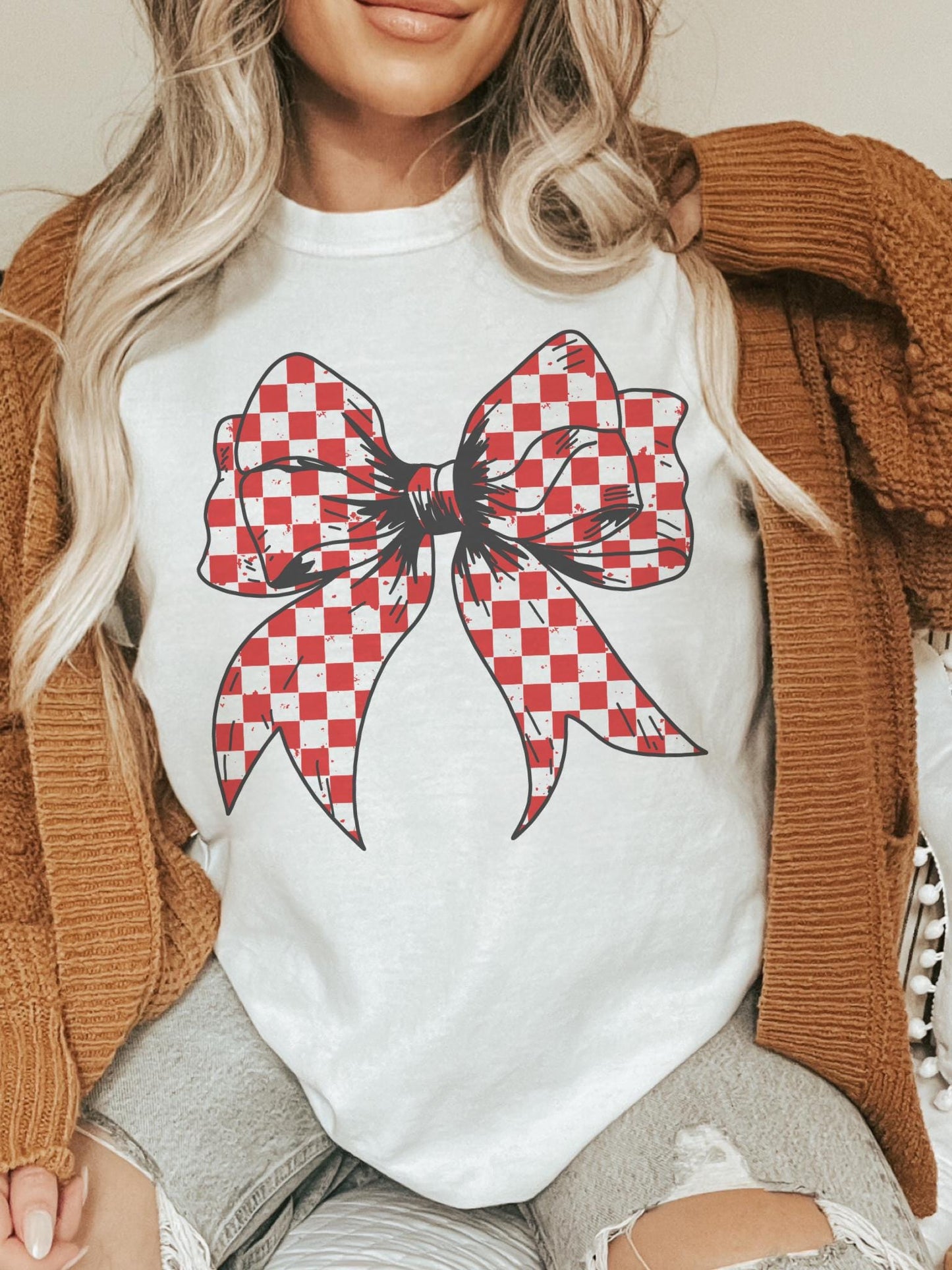 Red Check coquette bow tshirt, red school colors bow Game Day, cuts school color tshirt, cute game day tshirt, mascot unisex tshirt