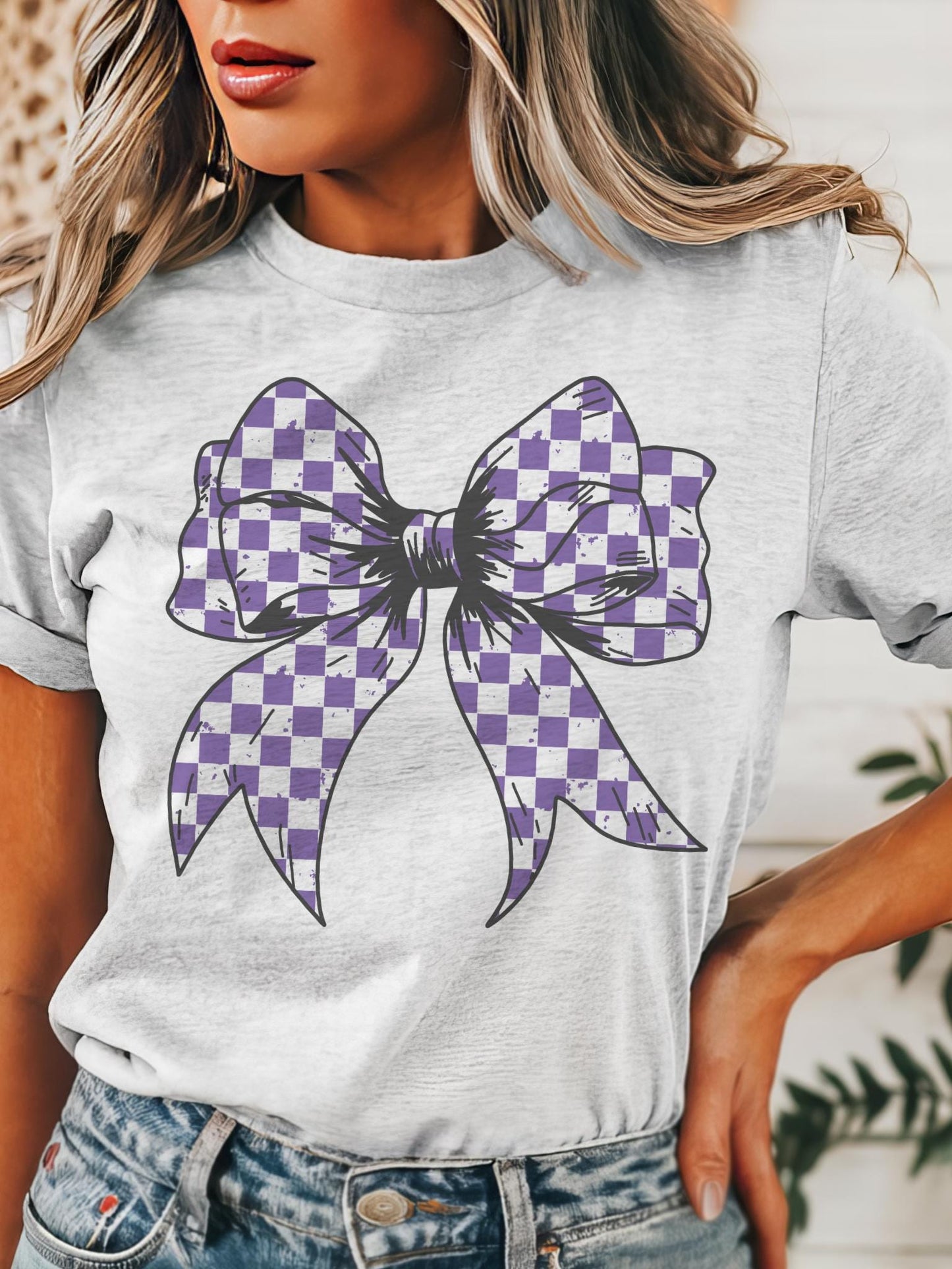 Purple Checkered coquette bow tshirt, purpl school colors bow Game Day, cuts school color tshirt, cute game day tshirt, mascot unisex tshirt