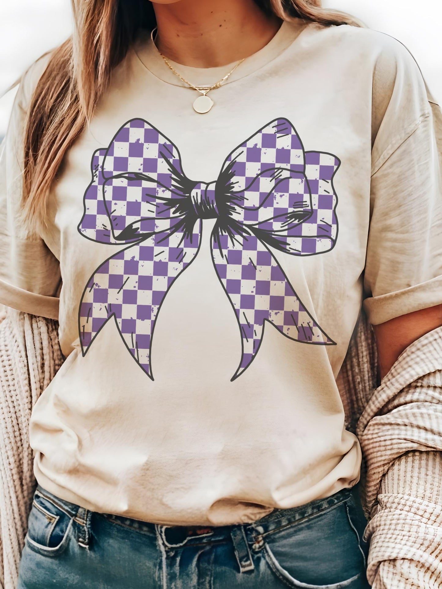 Purple Checkered coquette bow tshirt, purpl school colors bow Game Day, cuts school color tshirt, cute game day tshirt, mascot unisex tshirt
