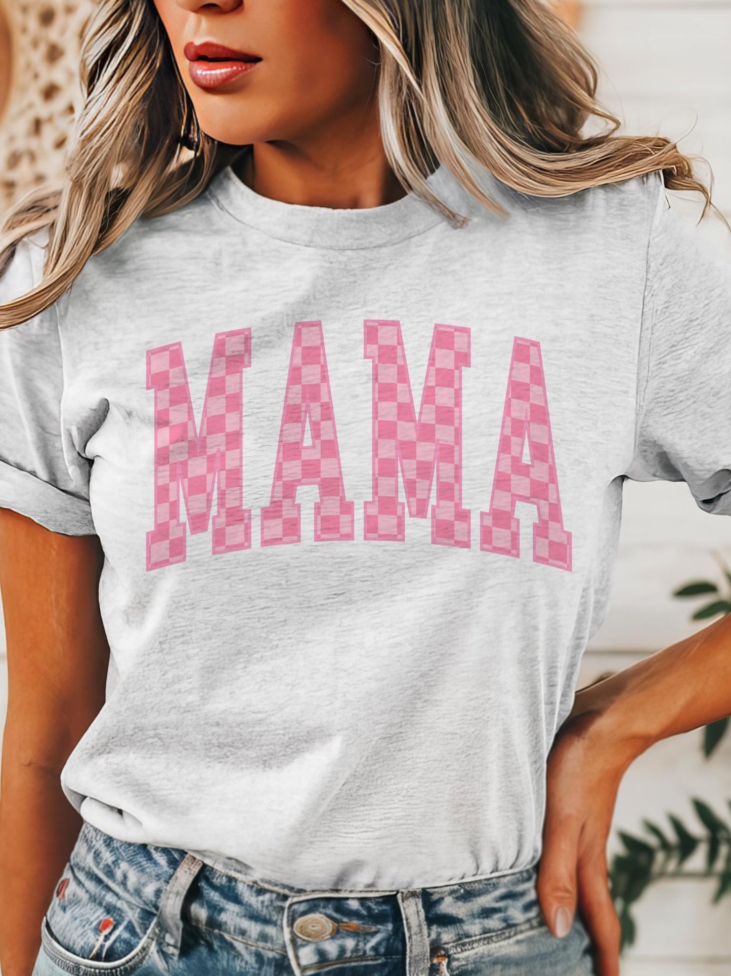 Pink and coral check Mama coquette tshirt, mama of a son checkered tshirt multiple color options, cute mama t-shirts, coquette mom tshirt.