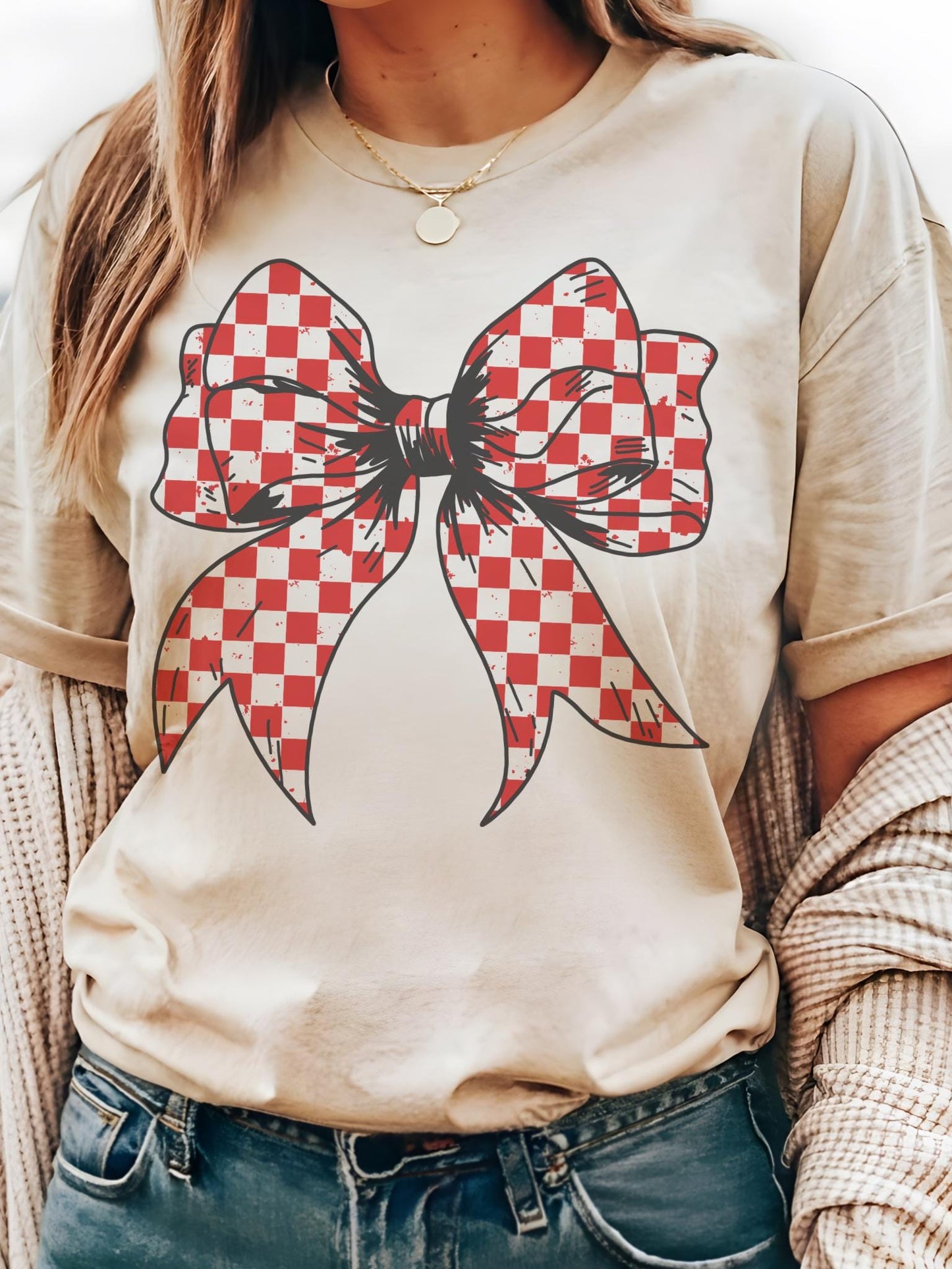 Red Check coquette bow tshirt, red school colors bow Game Day, cuts school color tshirt, cute game day tshirt, mascot unisex tshirt