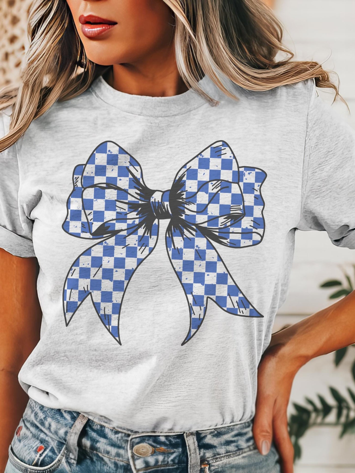 Blue Checkered coquette bow tshirt, blue school colors bow Game Day, cuts school color tshirt, cute game day tshirt, mascot unisex tshirt