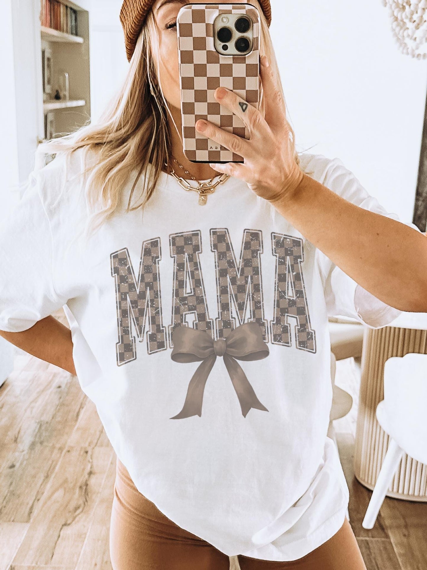 Brown checkered Mama coquette tshirt, mama of a son checkered tshirt multiple color options, cute mama t-shirts, coquette mom tshirt.