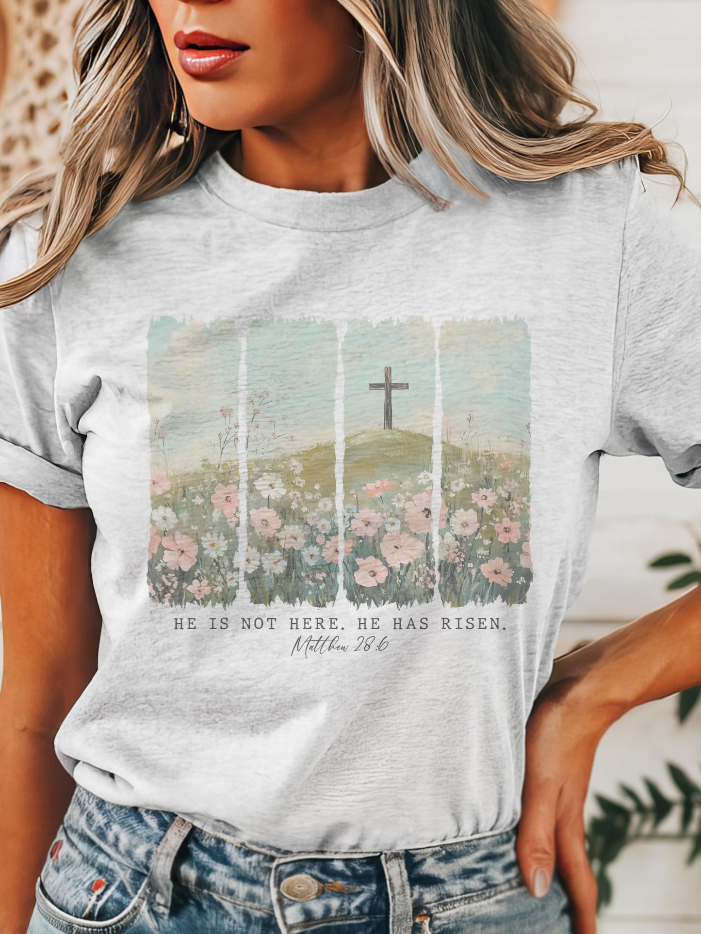 Coquette Easter tshirt, christian tshirt, floral Easter tshirt, he is risen christian tshirt, Easter shirt for church Christian Shirts