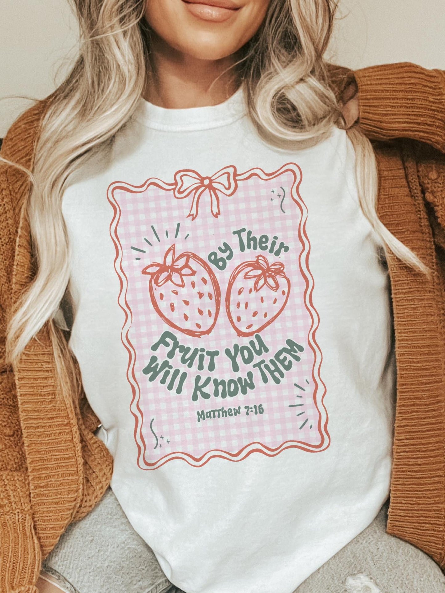 Coquette strawberry tshirt, christian tshirt, floral Easter tshirt, he is risen christian tshirt, Easter shirt for church Christian Shirts
