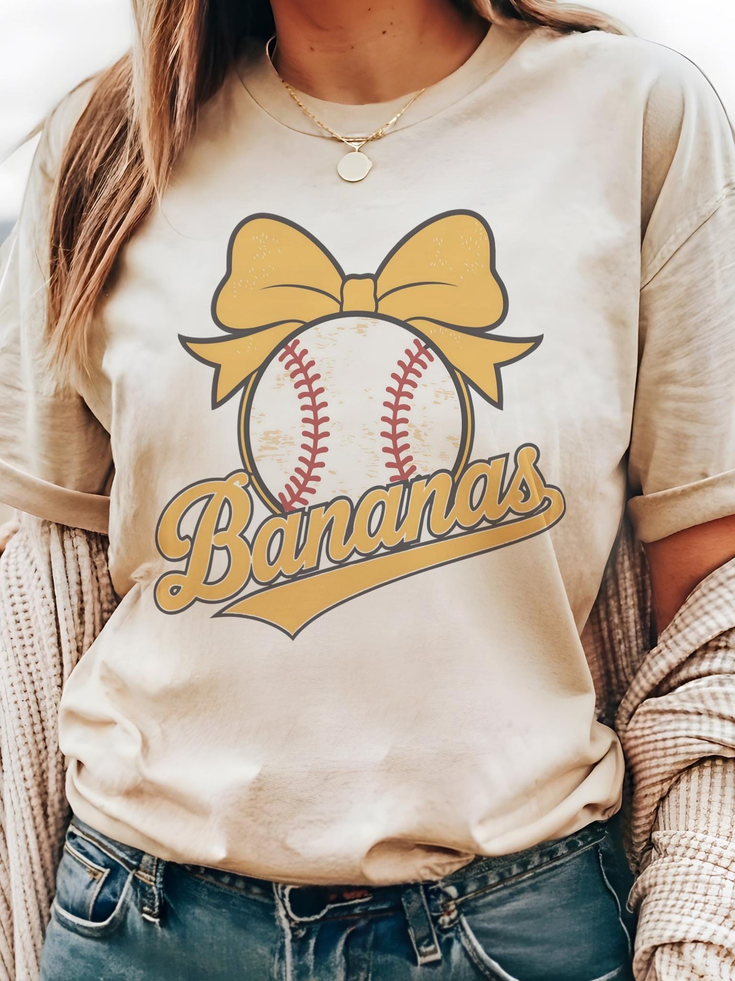 Bananas Baseball Bow T-Shirt - Cute Baseball Shirt for Game Day - Girly Baseball Tee - baseball Gift for moms, baseball bow unisex shirt