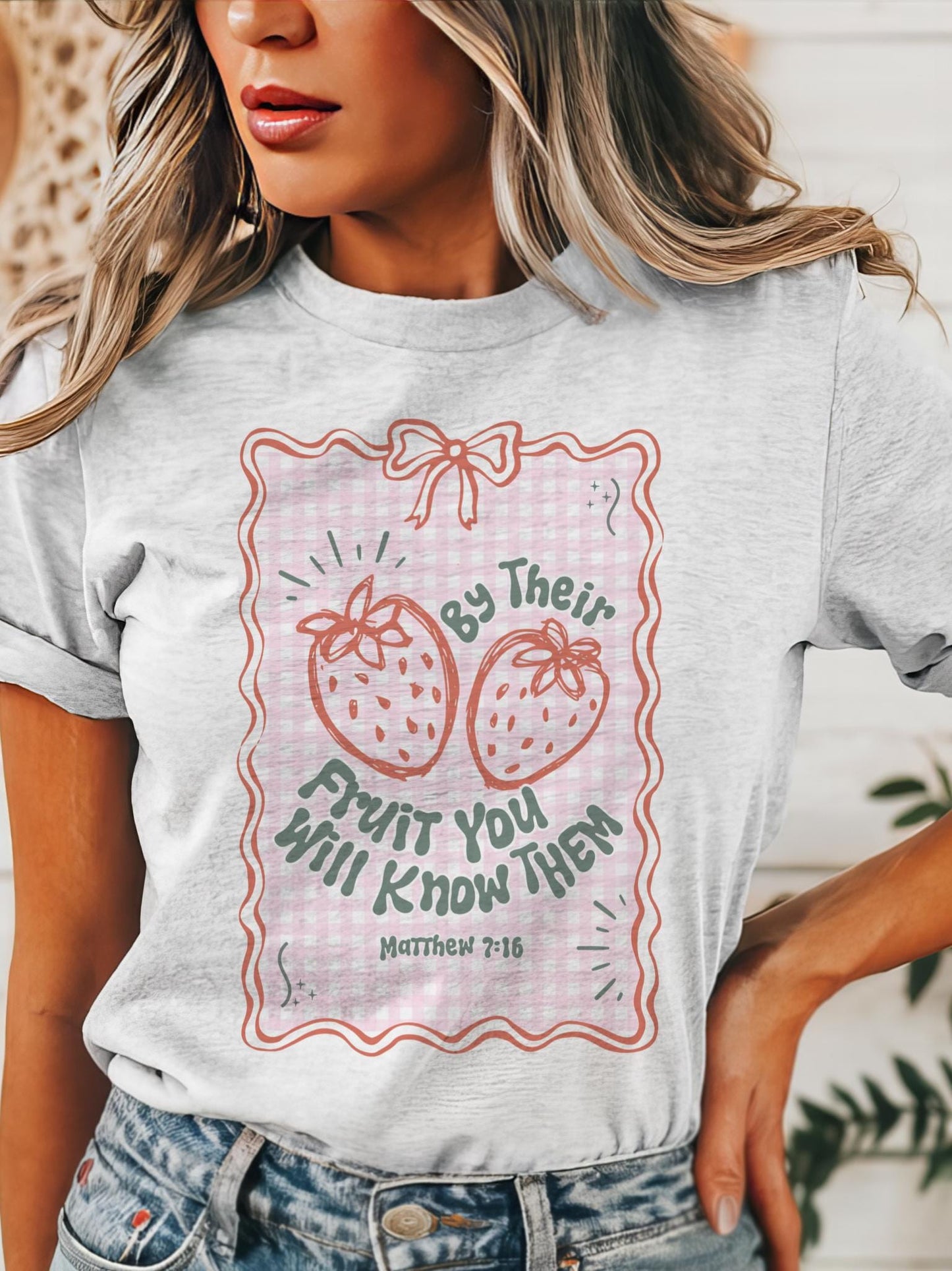Coquette strawberry tshirt, christian tshirt, floral Easter tshirt, he is risen christian tshirt, Easter shirt for church Christian Shirts