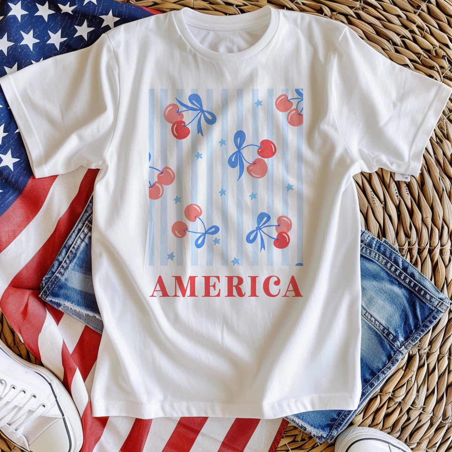 Coquette Style Fourth of July T-Shirt - Patriotic USA Flag Tee - Cute & Flirty Independence Day Shirt - Unisex Red, White, and Blue Top
