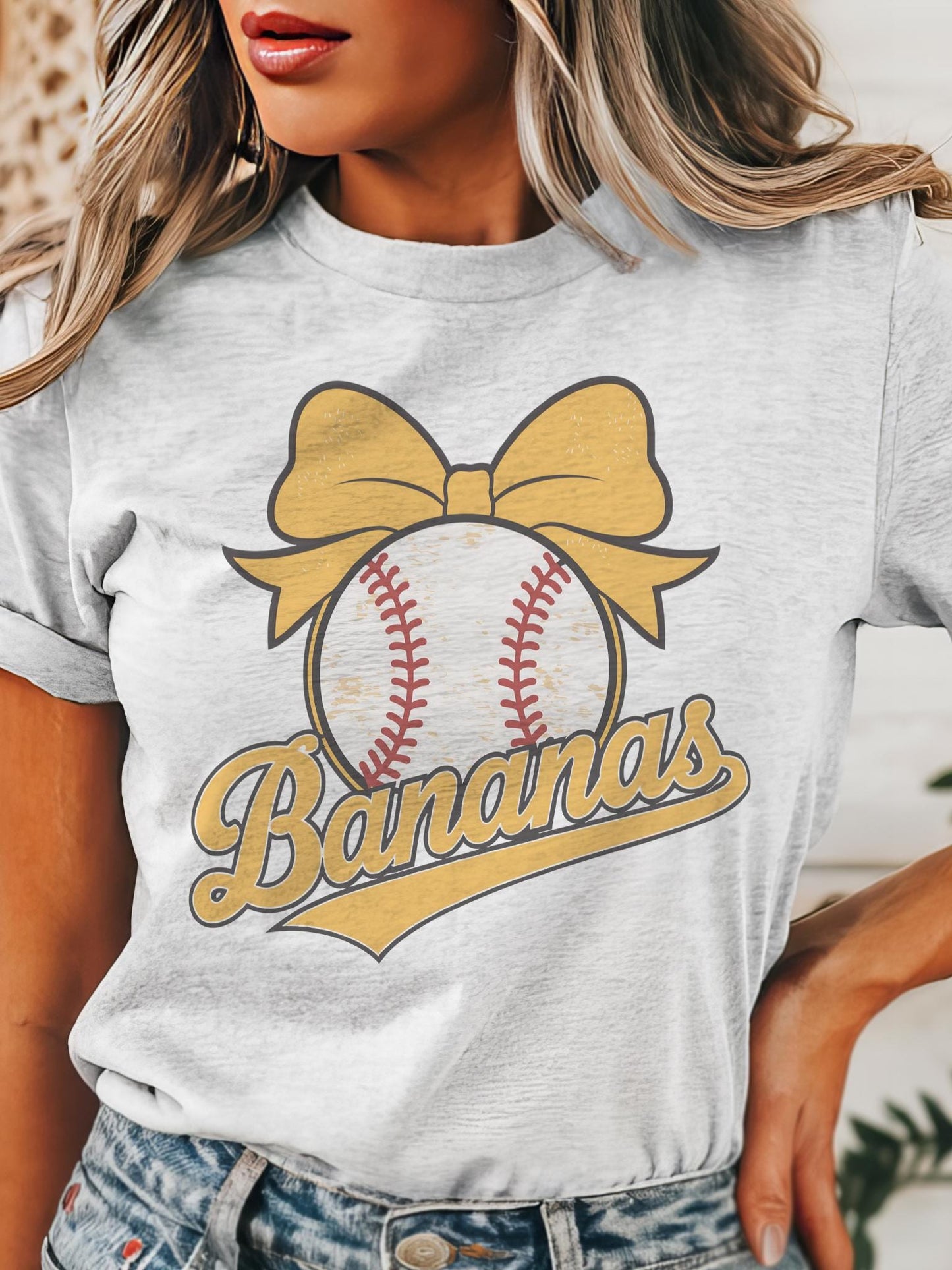 Bananas Baseball Bow T-Shirt - Cute Baseball Shirt for Game Day - Girly Baseball Tee - baseball Gift for moms, baseball bow unisex shirt
