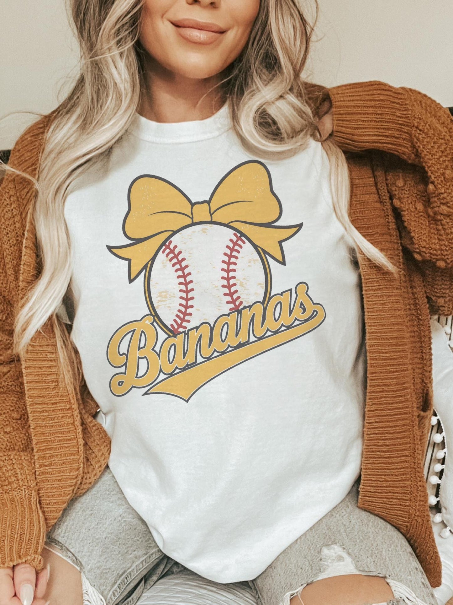 Bananas Baseball Bow T-Shirt - Cute Baseball Shirt for Game Day - Girly Baseball Tee - baseball Gift for moms, baseball bow unisex shirt