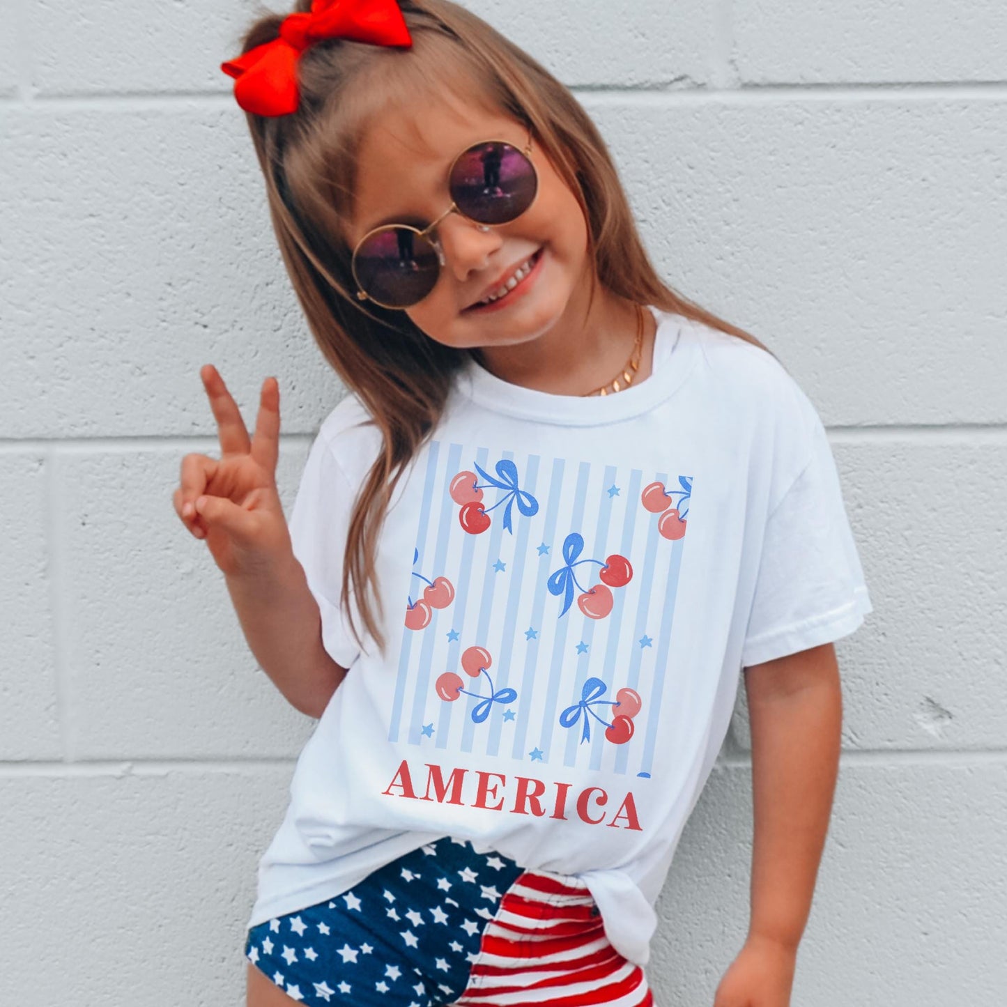 Youth all American girl 4th of July tshirt, kids flag preppy tshirt, coquette tshirt, cute kids cute kids tshirt, unisex cut youth tshirt