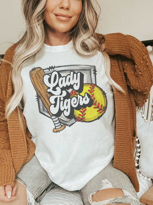 Lady Tigers softball home plate tshirt, unisex cut tshirt