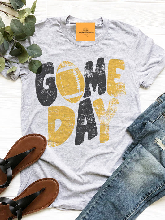 Game Day mascot, black and gold gameday tshirt, football mom tshirt, cute game day tshirt, small town big Pride tshirt heather ash tshirt