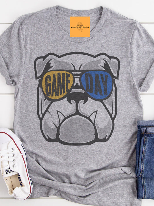 Bulldogs blue & gold mascot, football tshirt, football mom tshirt, cute game day tshirt, small town big Pride tshirt heather gray tshirt