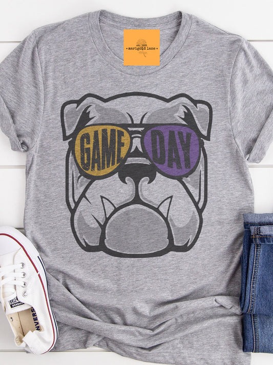 Bulldogs purple & gold mascot, football tshirt, football mom tshirt, cute game day tshirt, small town big Pride tshirt heather gray tshirt