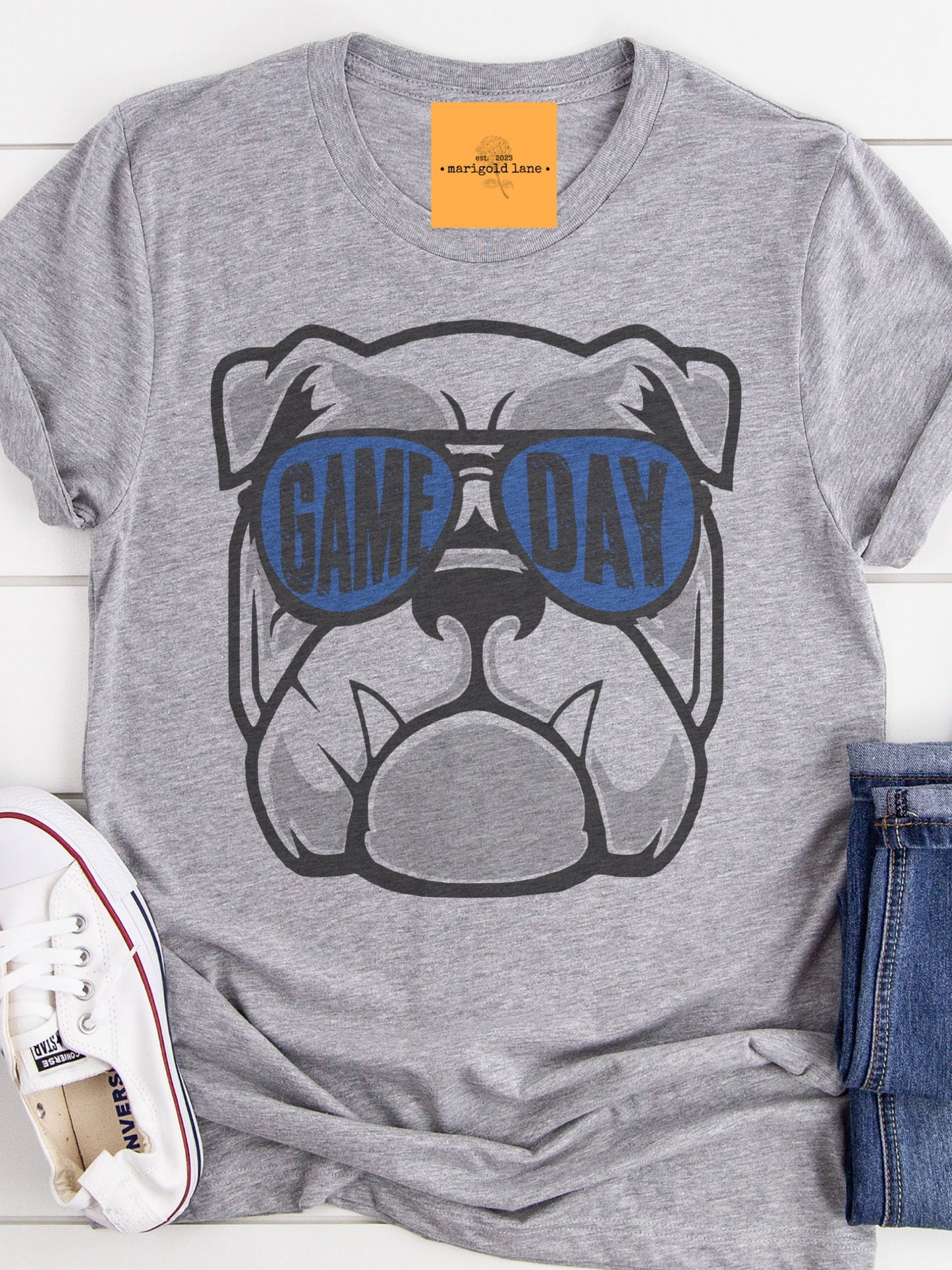 Bulldogs blue mascot, football tshirt, football mom tshirt, cute game day tshirt, small town big Pride tshirt heather gray tshirt