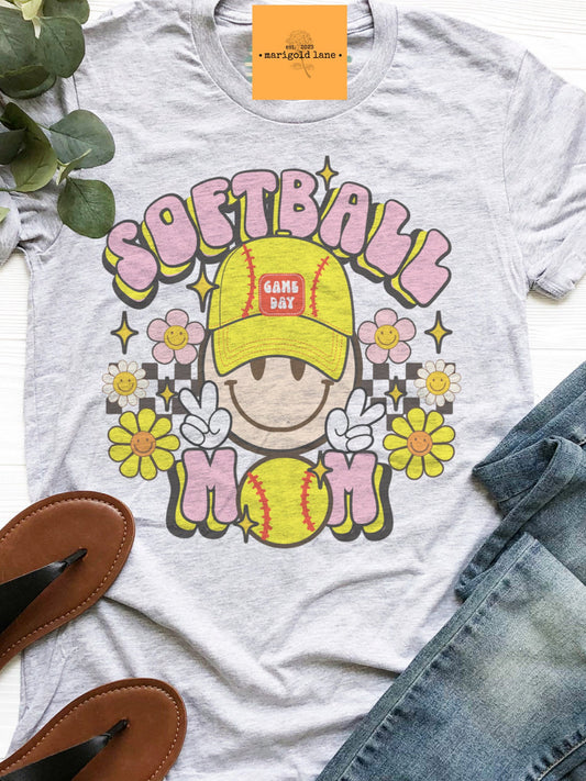Smiley face Softball mom tshirt, softball  mom tshirt, cute game day tshirt, small town big Pride tshirt heather ash tshirt