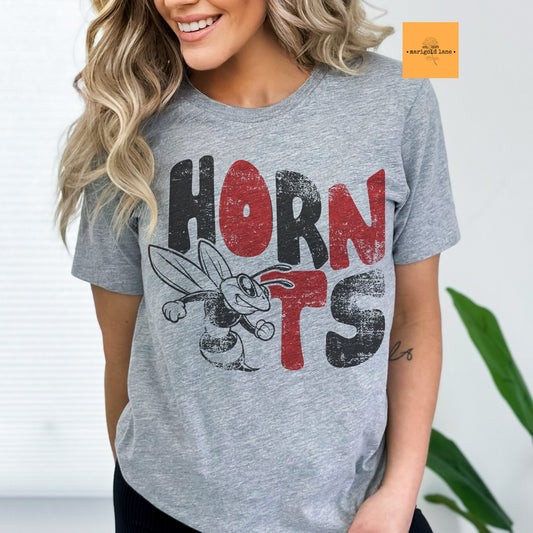 Red & black Hornets mascot, hornets football, baseball, soccer tshirt, cute game day tshirt, small town big Pride tshirt heather gray tshirt