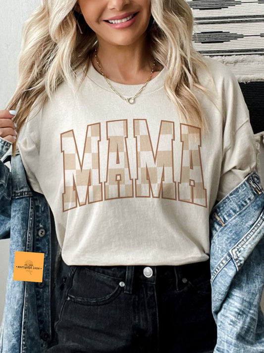 Mama varsity aesthetic tshirt, mama checkered tshirt multiple color options, cute mama t-shirts, cute mom tshirt.
