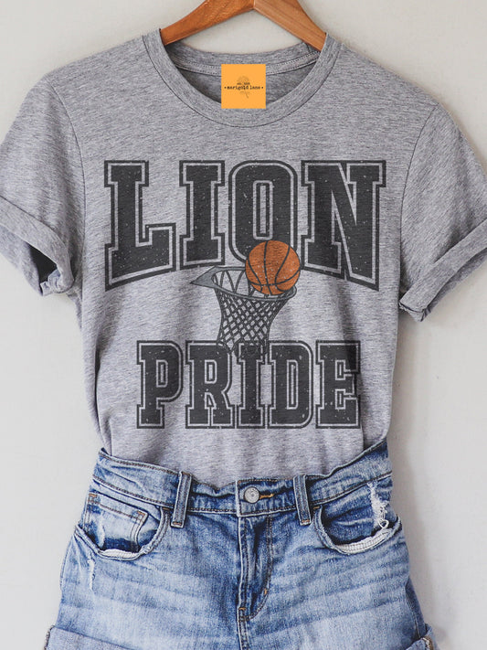 Lion Pride Basketball, lions tshirt, football mom tshirt, cute game day tshirt, small town big Pride tshirt heather gray tshirt