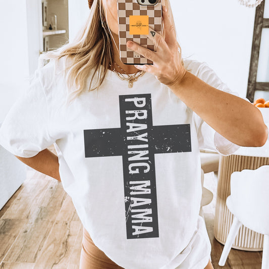 Praying Mama with cross retro Christian tshirt , smiley, Christian jesus loves you , retro daisy tshirt, white colored unisex T-shirt