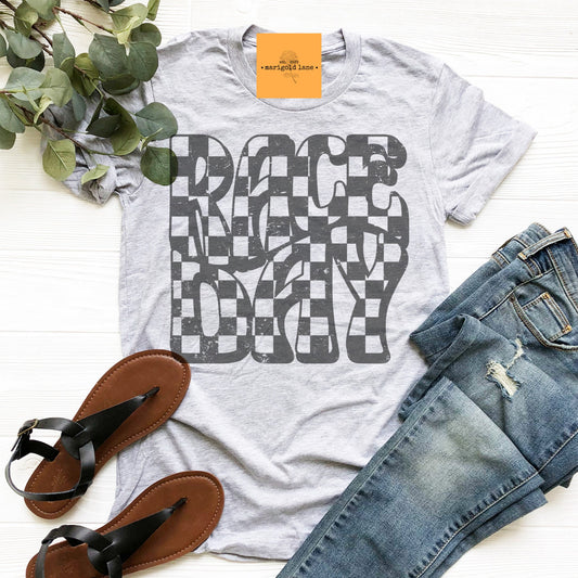 Race Day checkered, race wife tshirt, cute racing tshirt, dirt track tshirt, circle track, drag racing checkered flag heather ash tshirt