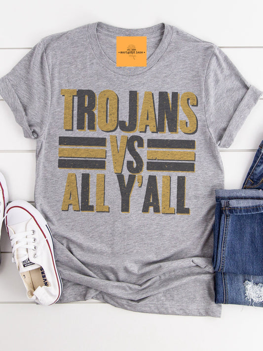 Trojans vs all y’all mascot, black and gold bulldogs tshirt, cute game day tshirt, small town big Pride tshirt unisex cut tshirt
