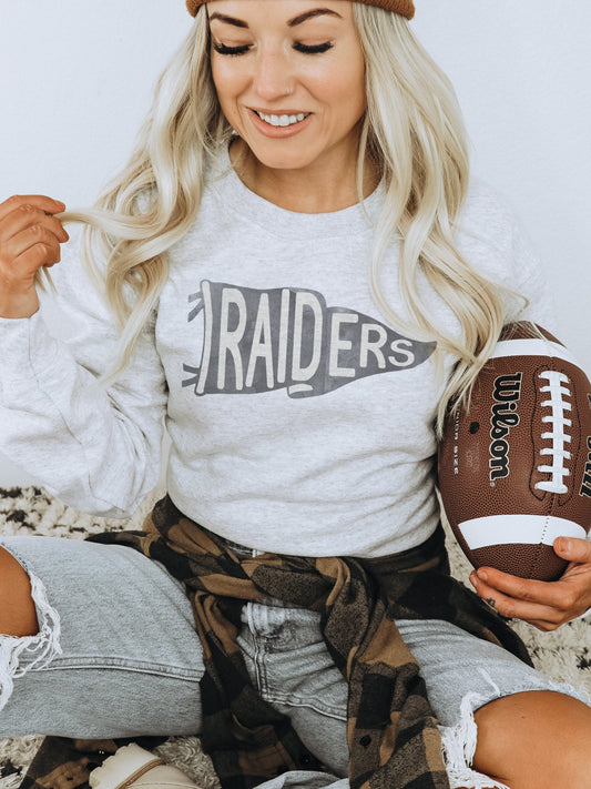 Raiders pennant mascot, Varsity Mascot game day football, football mom crewneck, cute game day sweatshirt, Heather ash unisex sweatshirt
